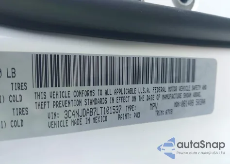 2020 Jeep Compass Sport 4X4 z USA, uszkodzony, nr VIN 3C4NJDAB7LT101537